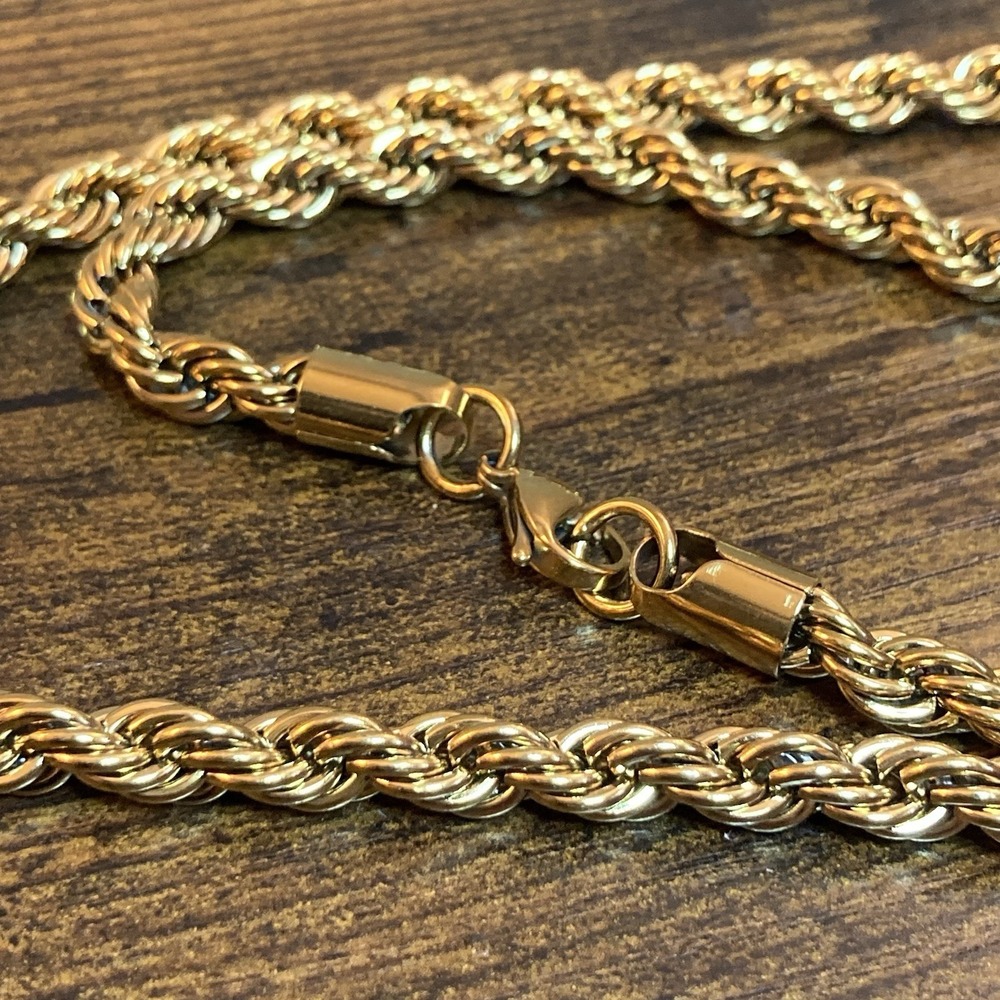 Gold Tone Rope Chain‎ Necklace 23.5in 5mm Lobster Clasp Hip Hop Stainless Steel